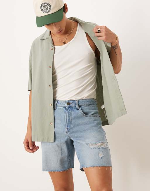 DESIGN Mid Length Slim Denim Shorts With Rips In Light Wash Blue