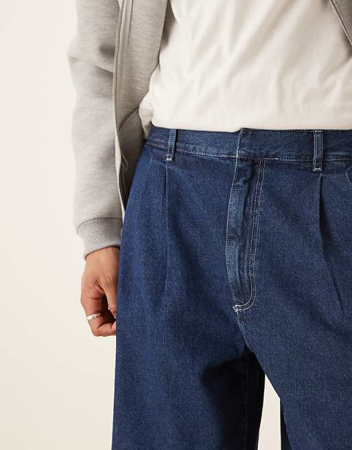 DESIGN Mid Length Wide Denim Shorts With Pleat In Dark Wash Blue