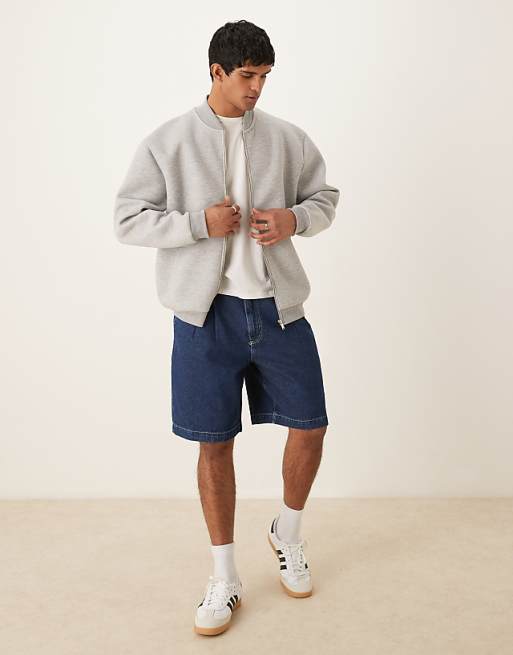 DESIGN Mid Length Wide Denim Shorts With Pleat In Dark Wash Blue