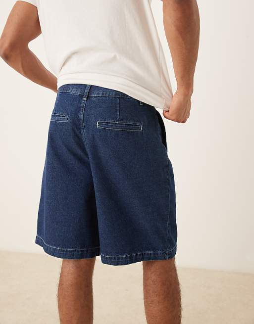 DESIGN Mid Length Wide Denim Shorts With Pleat In Dark Wash Blue
