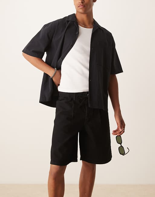 DESIGN Mid Length Wide Denim Shorts With Tie Front In Black Wash