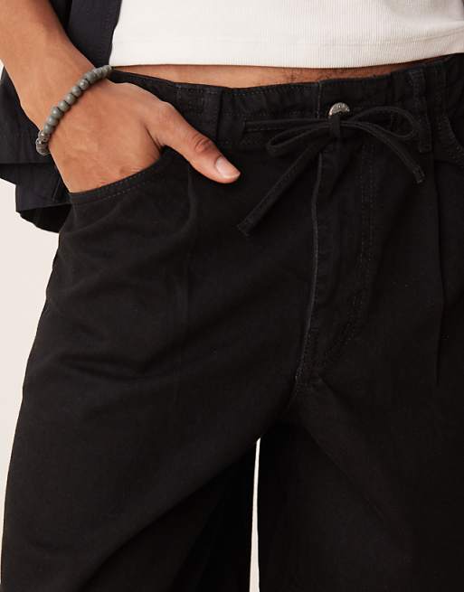 DESIGN Mid Length Wide Denim Shorts With Tie Front In Black Wash