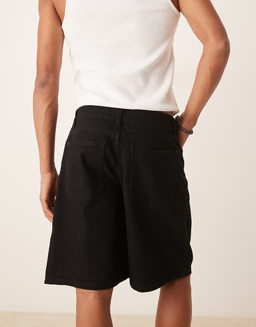 DESIGN Mid Length Wide Denim Shorts With Tie Front In Black Wash