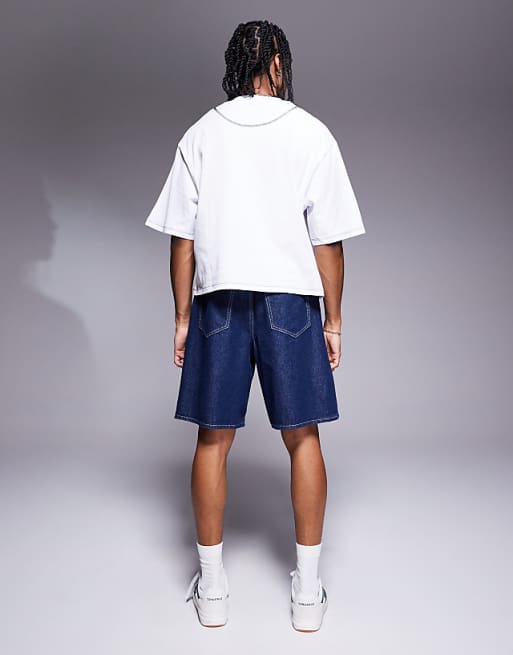 DESIGN Mid Length Wide Denim Shorts With Tie Front In Raw Wash