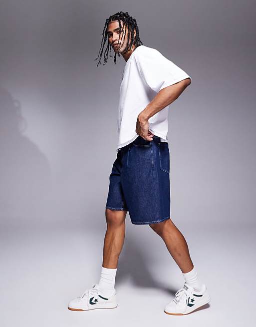 DESIGN Mid Length Wide Denim Shorts With Tie Front In Raw Wash