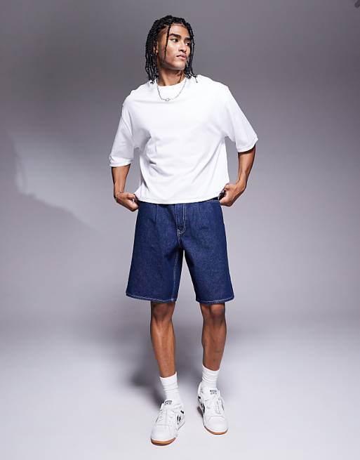 DESIGN mid length wide denim shorts with tie front in raw wash