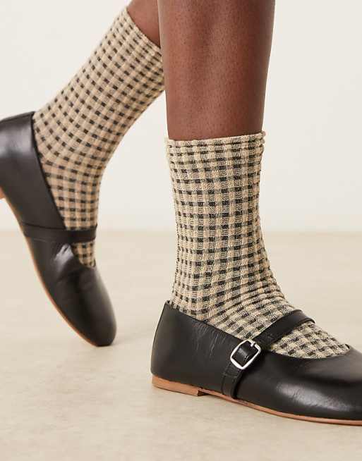 DESIGN mini check textured socks in cream and black