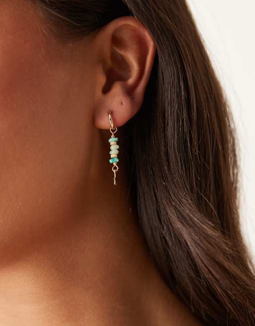 DESIGN Mis-match Hoop And Pull-through Earrings With Green Tone Faux Stones In Gold Tone