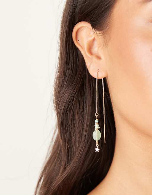 DESIGN mis-match hoop and pull-through earrings with green tone faux stones in gold tone