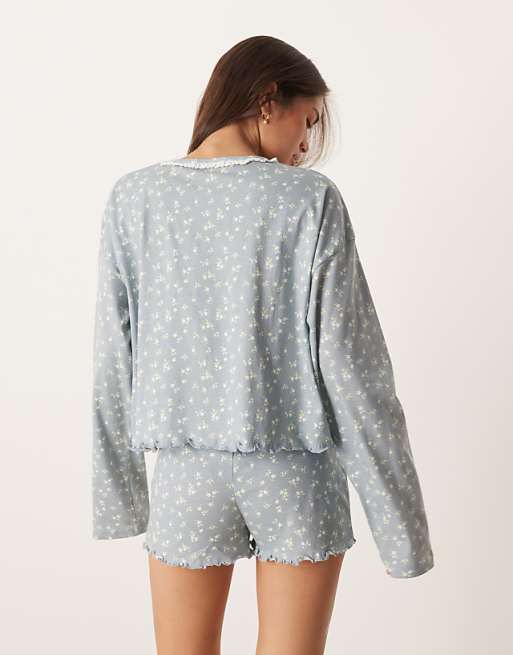 DESIGN Mix & Match Long Sleeve Boxy Pyjama Top In Blue Ditsy Print