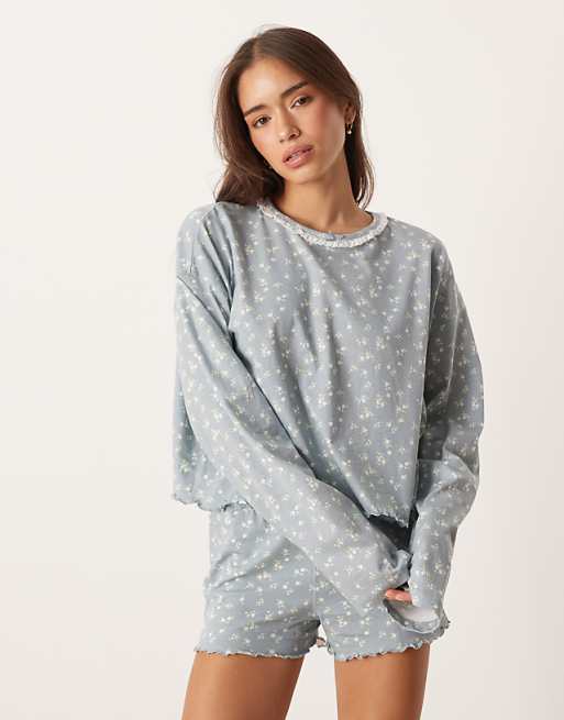 DESIGN Mix & Match Long Sleeve Boxy Pyjama Top In Blue Ditsy Print