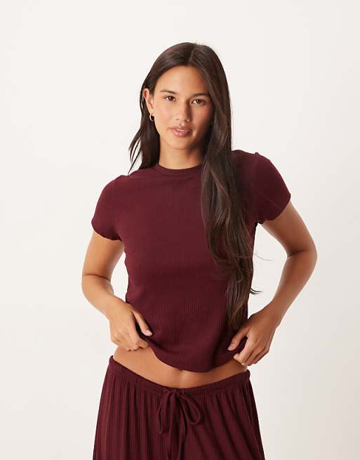 DESIGN Mix & Match Rib Loungewear In Burgundy