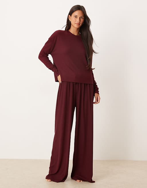 DESIGN mix & match rib loungewear in burgundy