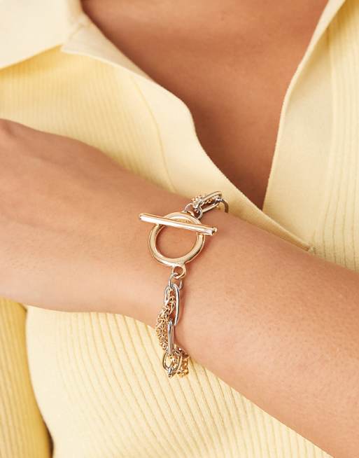 DESIGN mixed chain bracelet with t-bar detail in mixed metals