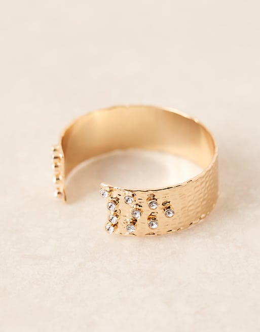 DESIGN molten cuff bracelet with diamante details in textured gold tone