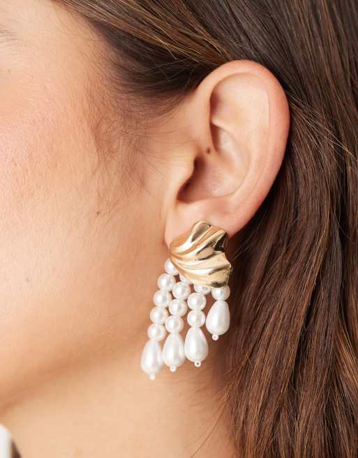 DESIGN Molten Stud With Faux Pearl Drops In Gold Tone
