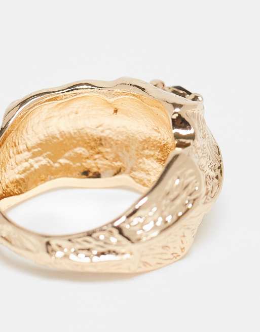 DESIGN Molten Textured Ring With Amber Crystal In Gold Tone