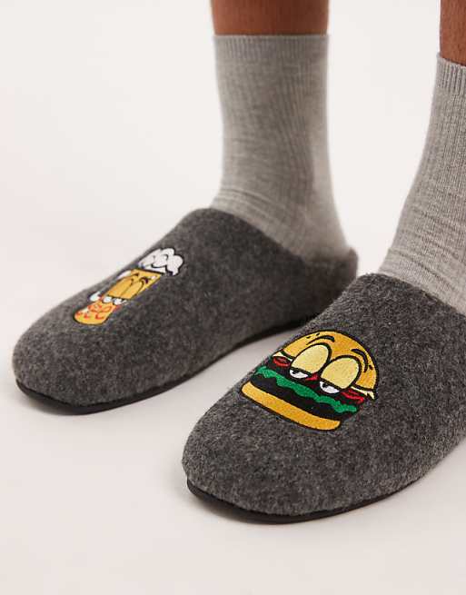 DESIGN Mule Slipper In Black Felt With Graphic Embroidery