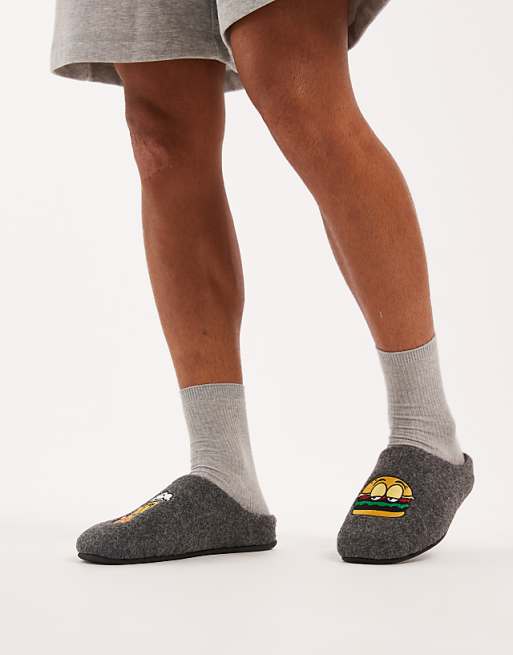 DESIGN Mule Slipper In Black Felt With Graphic Embroidery