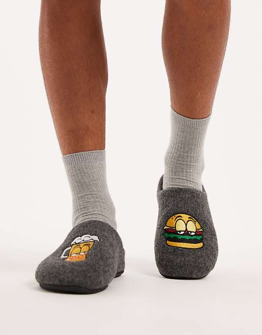 DESIGN mule slipper in black felt with graphic embroidery