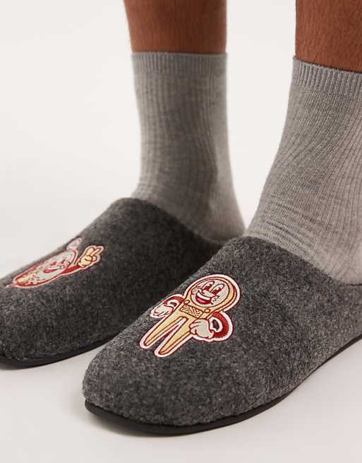 DESIGN Mule Slipper In Grey Felt With Golf Graphic