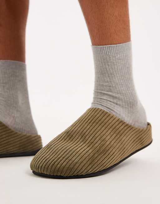 DESIGN Mule Slippers In Khaki Green Cord
