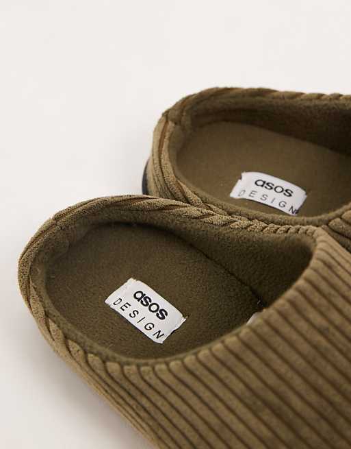 DESIGN Mule Slippers In Khaki Green Cord