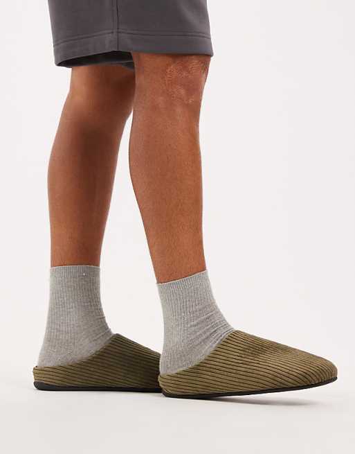 DESIGN Mule Slippers In Khaki Green Cord
