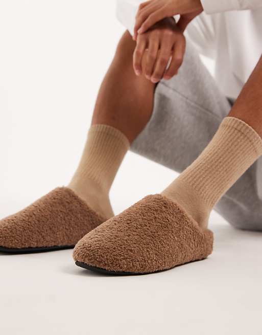 DESIGN mule slippers in tan borg