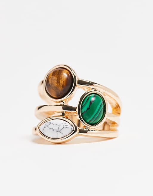 DESIGN multi band ring with faux semi precious stones in gold tone