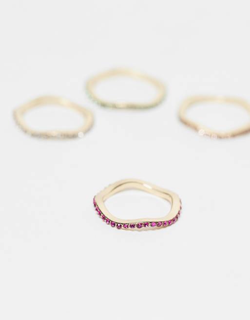 DESIGN Multi-pack Dainty Rings With Colourful Pave Crystals In Gold Tone