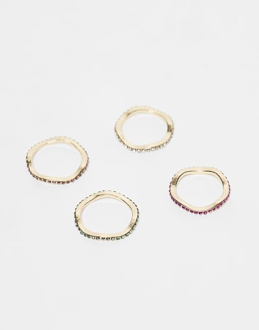DESIGN multi-pack dainty rings with colourful pave crystals in gold tone