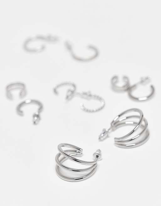 DESIGN Multi-pack Hoop Earrings Set With Ear Cuffs In Silver Tone