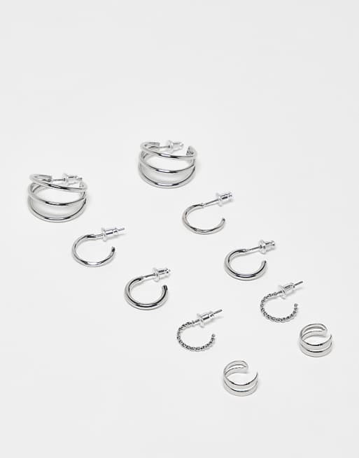 DESIGN multi-pack hoop earrings set with ear cuffs in silver tone
