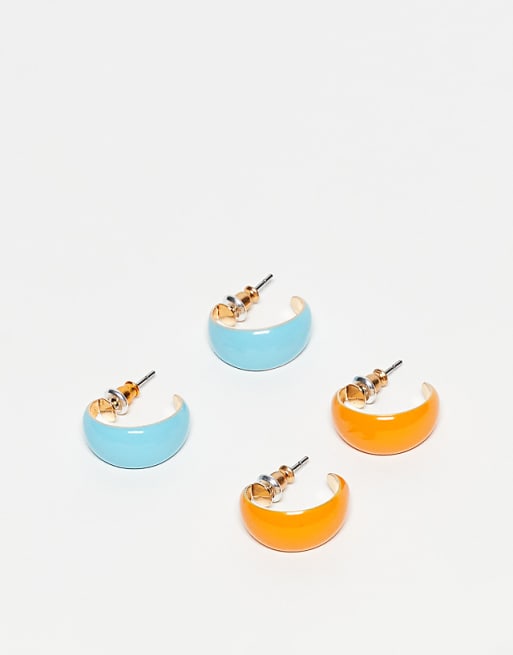 DESIGN multi-pack mini hoop earrings with orange and blue enamel