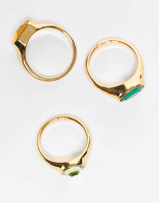 DESIGN Multi-pack Of Rings With Colourful Stone-setting In Gold Tone