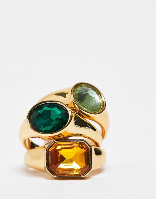DESIGN multi-pack of rings with colourful stone-setting in gold tone