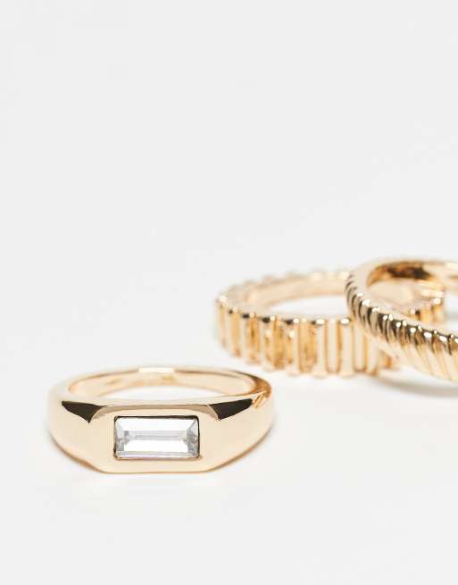 DESIGN Multi-pack Of Rings With Horizontal Signet Stone-set And Ridged Design In Gold Tone