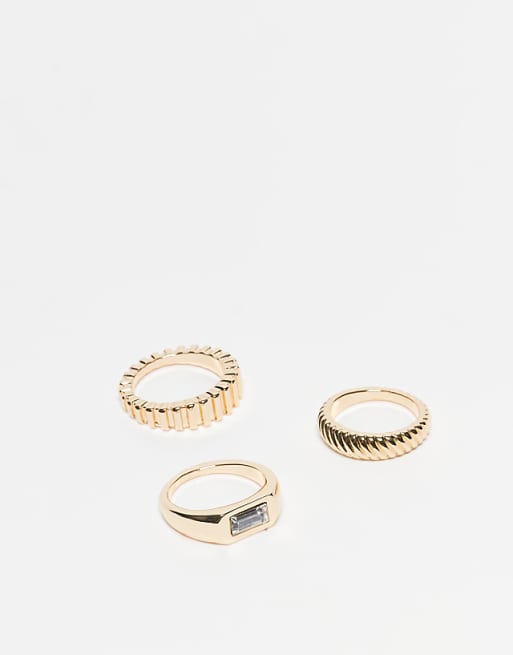 DESIGN multi-pack of rings with horizontal signet stone-set and ridged design in gold tone