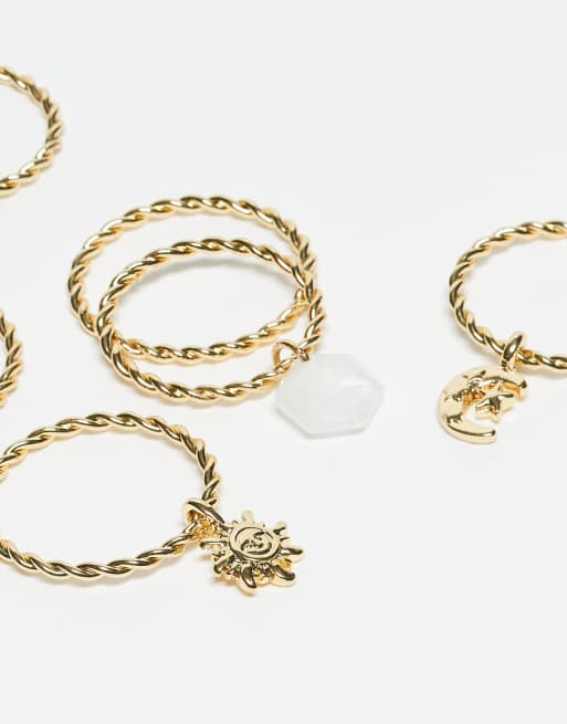 DESIGN Multi-pack Of Rings With Pendant Charms Detail In Gold Tone