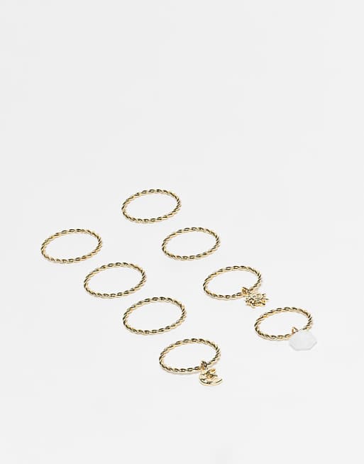 DESIGN multi-pack of rings with pendant charms detail in gold tone