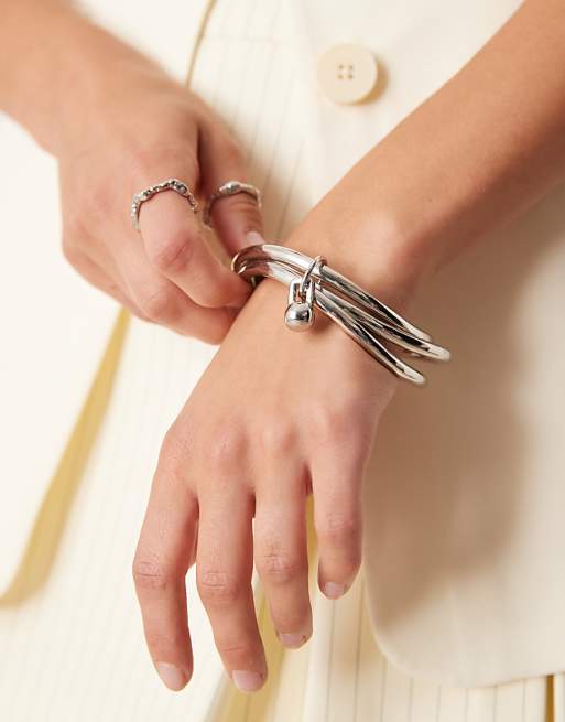 DESIGN multi-row bangle with spherical ring detail in silver tone