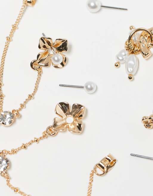 DESIGN Multipack Earrings With Florals And Faux Pearls In Gold Tone