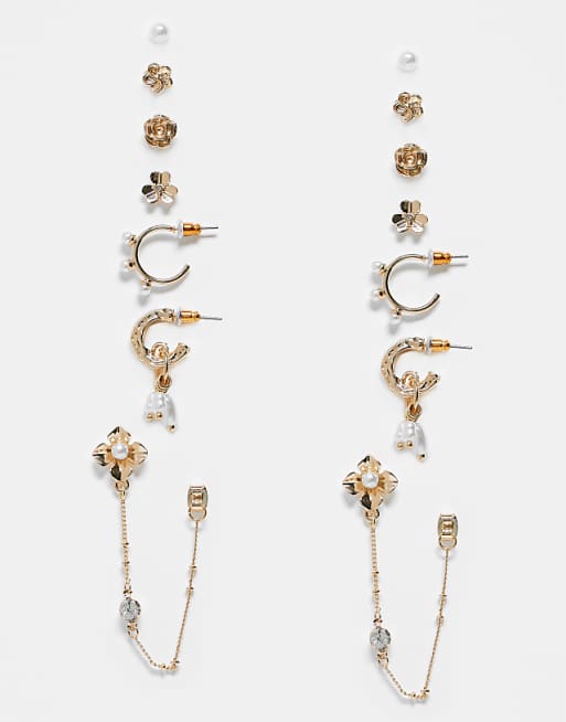 DESIGN multipack earrings with florals and faux pearls in gold tone