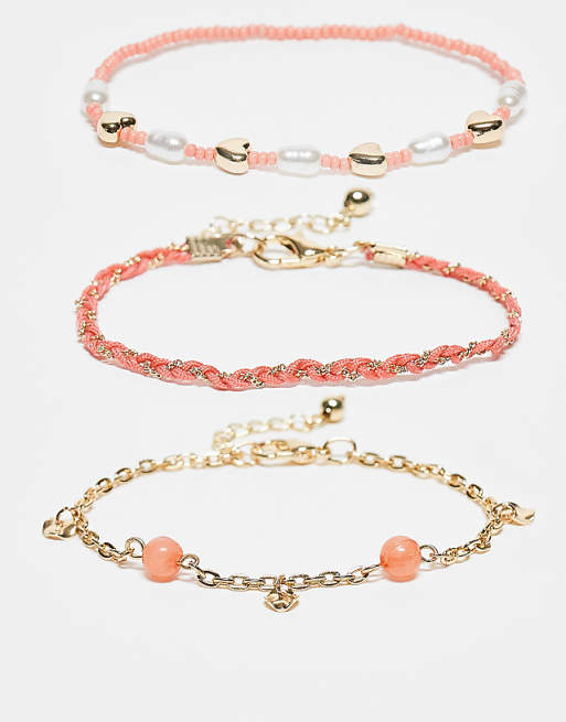 DESIGN multipack of beaded bracelets in coral and gold tone