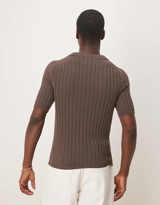 DESIGN Muscle Fit Boxy Knitted Rib Polo In Brown