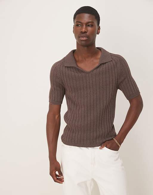 DESIGN Muscle Fit Boxy Knitted Rib Polo In Brown