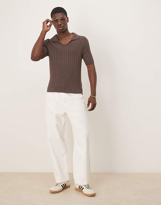 DESIGN Muscle Fit Boxy Knitted Rib Polo In Brown