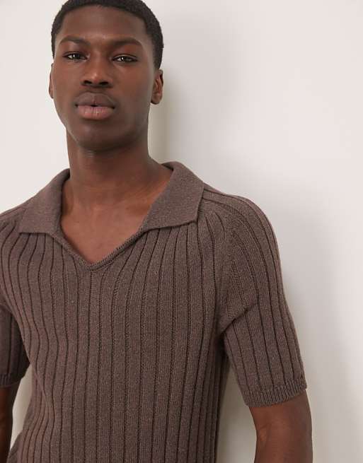 DESIGN muscle fit boxy knitted rib polo in brown