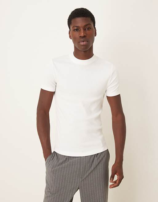 DESIGN muscle fit high neck rib t-shirt in white
